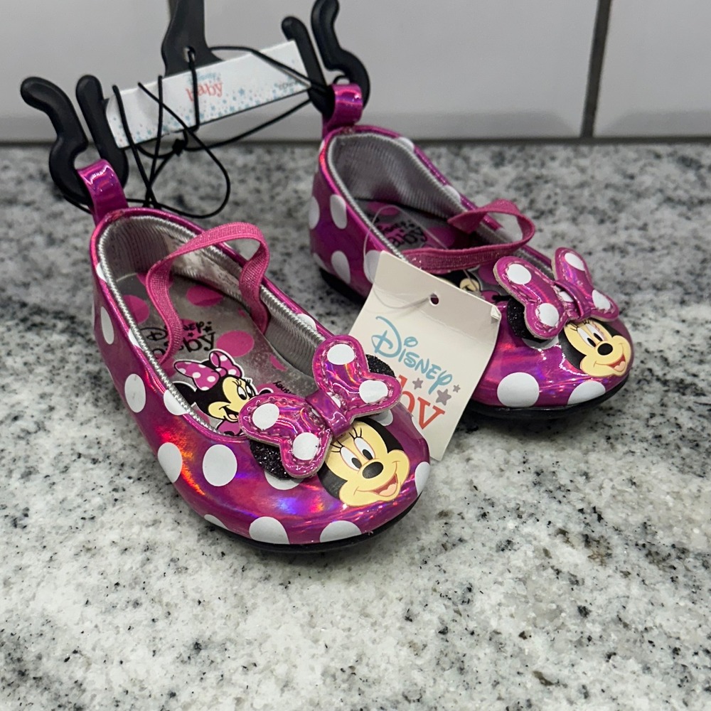 Disney Baby Girls Infant 3 Minnie Mouse Mary Jane Pink Polka Dot Metallic Bow